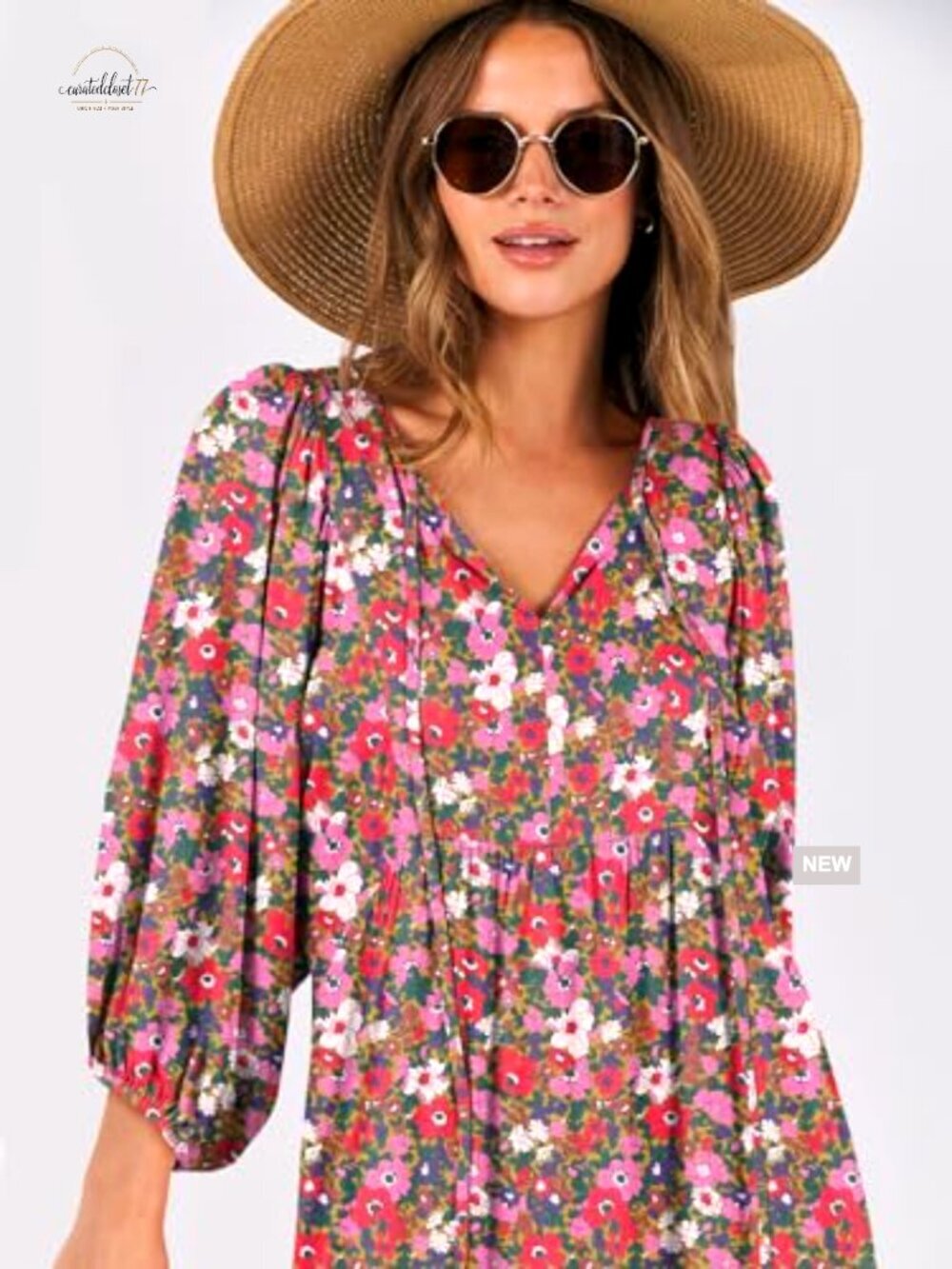 Boho Maxi Dress with V Neck Puff Sleeves Flowy Swing Casual Long Dress - Picture 3 of 7
